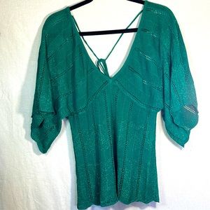 Heart Moon Star, Large, Empire Waist Emerald Green Blouse with Knit Detail